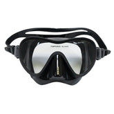 Black diving mask with silver lens on a white background