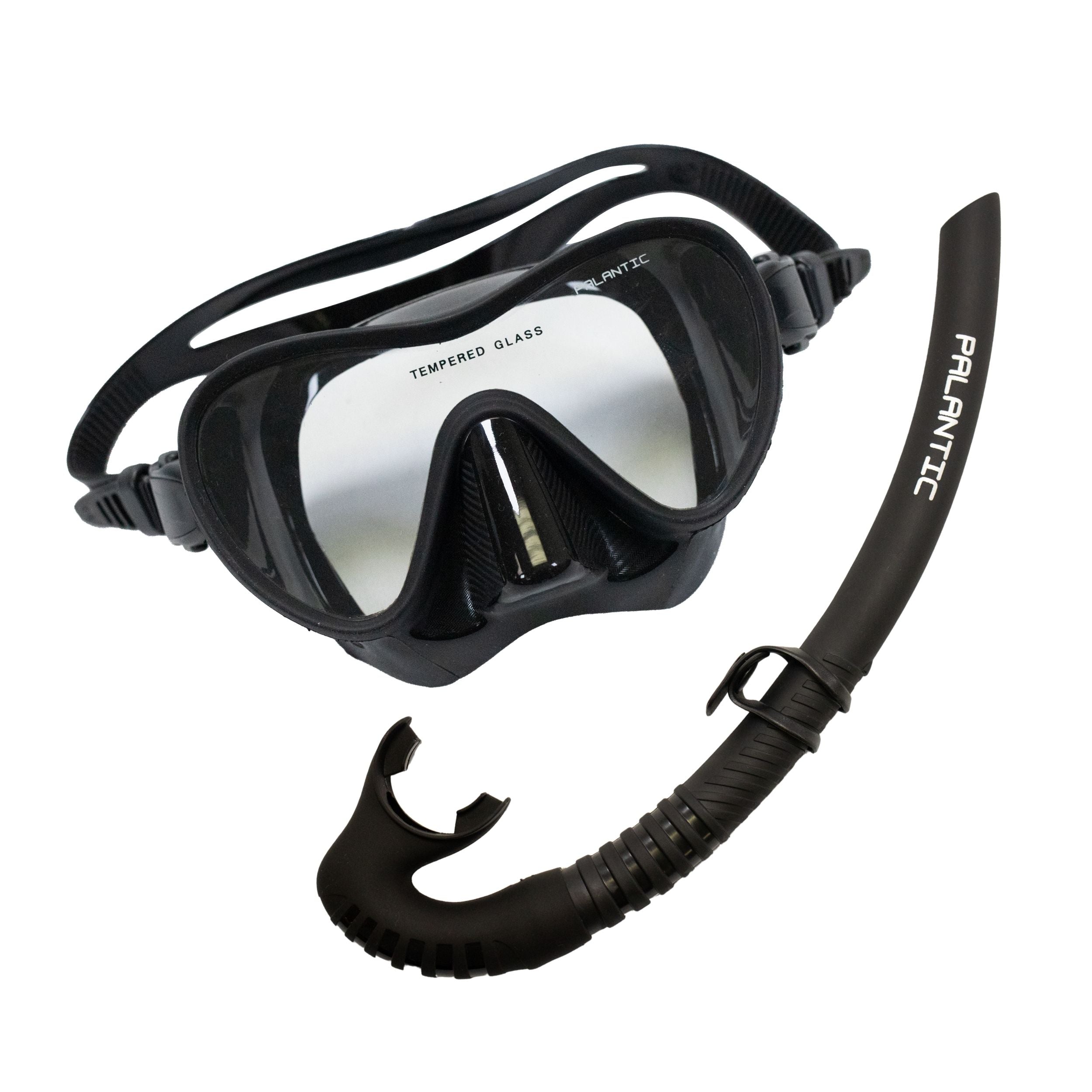 Black diving mask and snorkel set with 'Palantic' branding on a white background