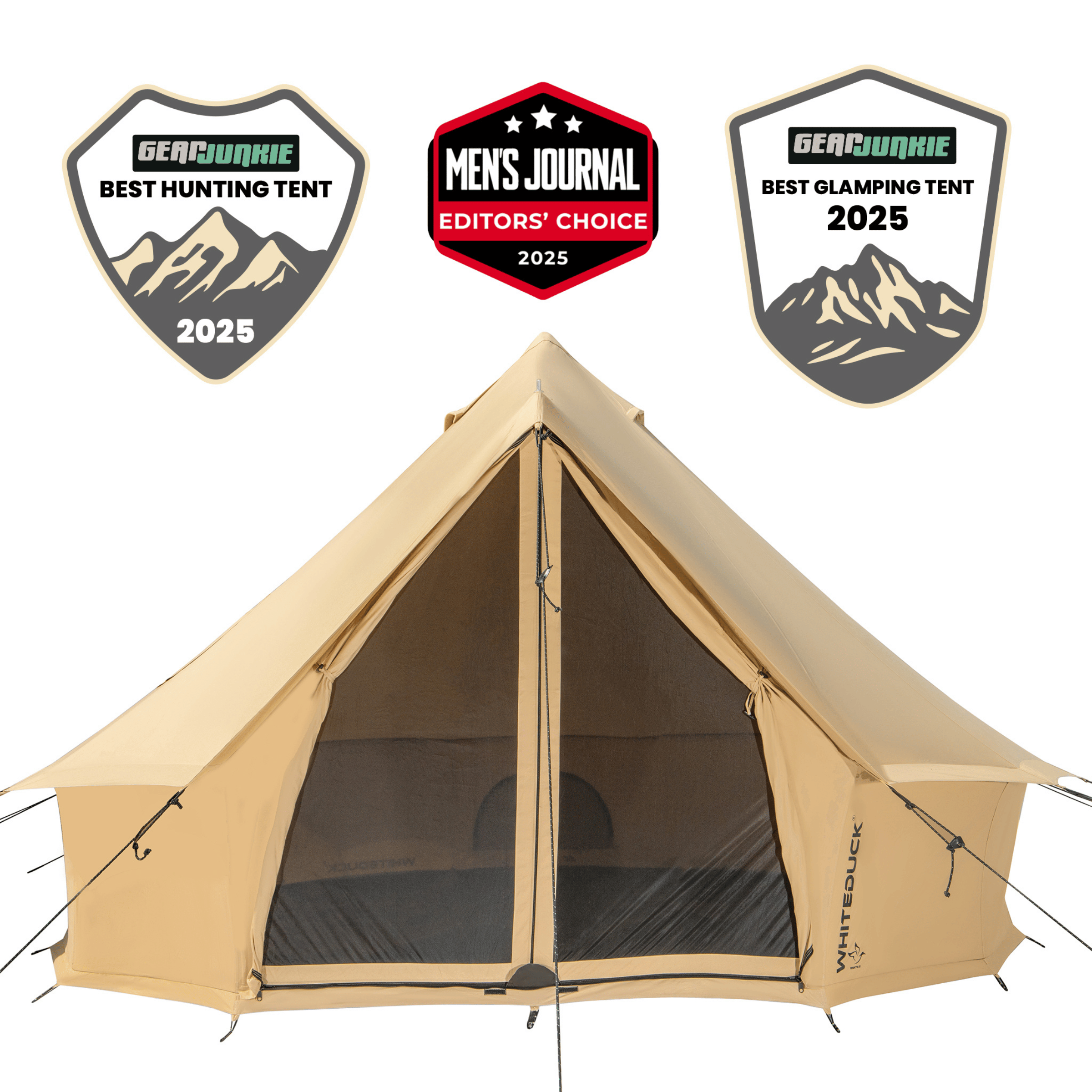 Beige camping tent with awards on a white background