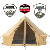 Beige camping tent with awards on a white background