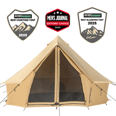 Beige camping tent with awards on a white background