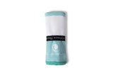 Teal and white towel with a brand logo on a white background
