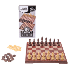 Wooden chess set with pieces and board, including Rustik packaging.