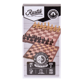 Rustik magnetic chess and checkers set packaging on a white background