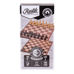Rustik magnetic chess and checkers set packaging on a white background