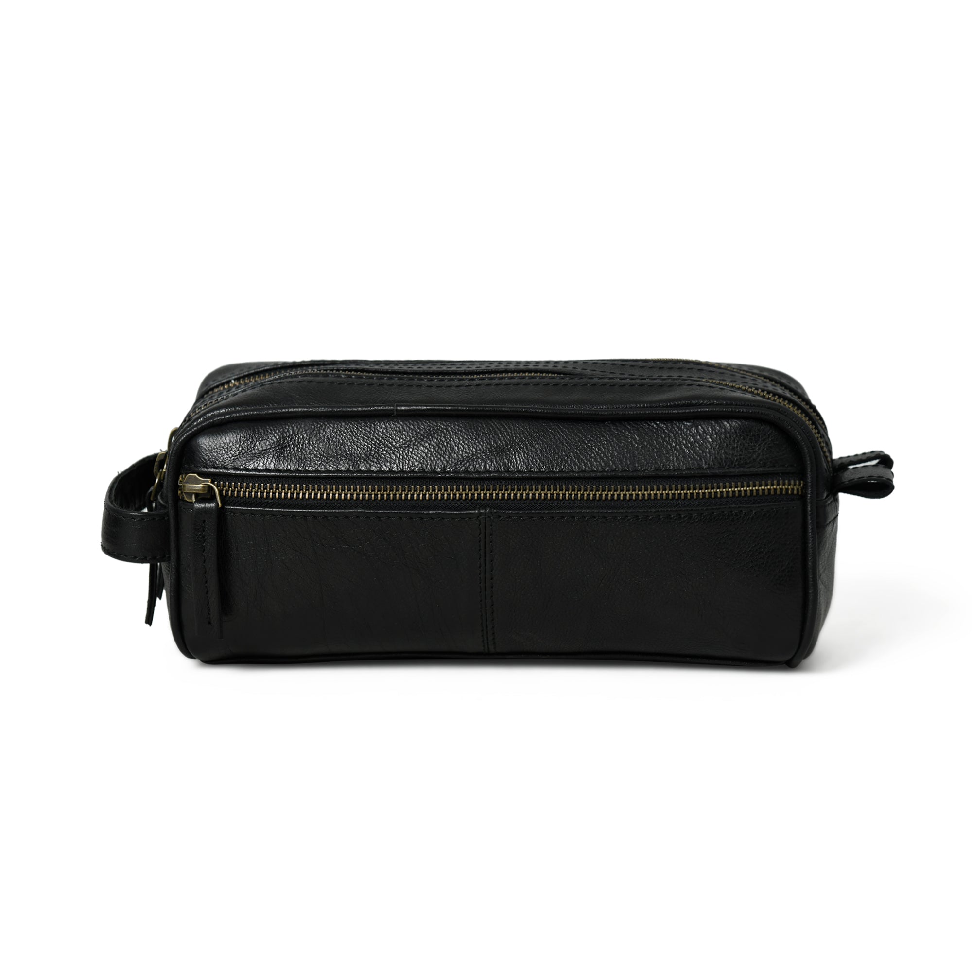 Black leather dopp kit with zipper on a white background
