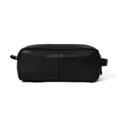 Black leather toiletry bag on a white background