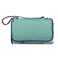 Teal picnic blanket with a floral pattern on a white background
