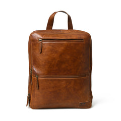 Brown leather backpack on a white background