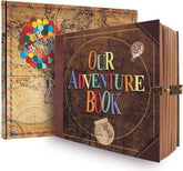 Decorative book titled 'Our Adventure Book' with colorful text and map design on a white background