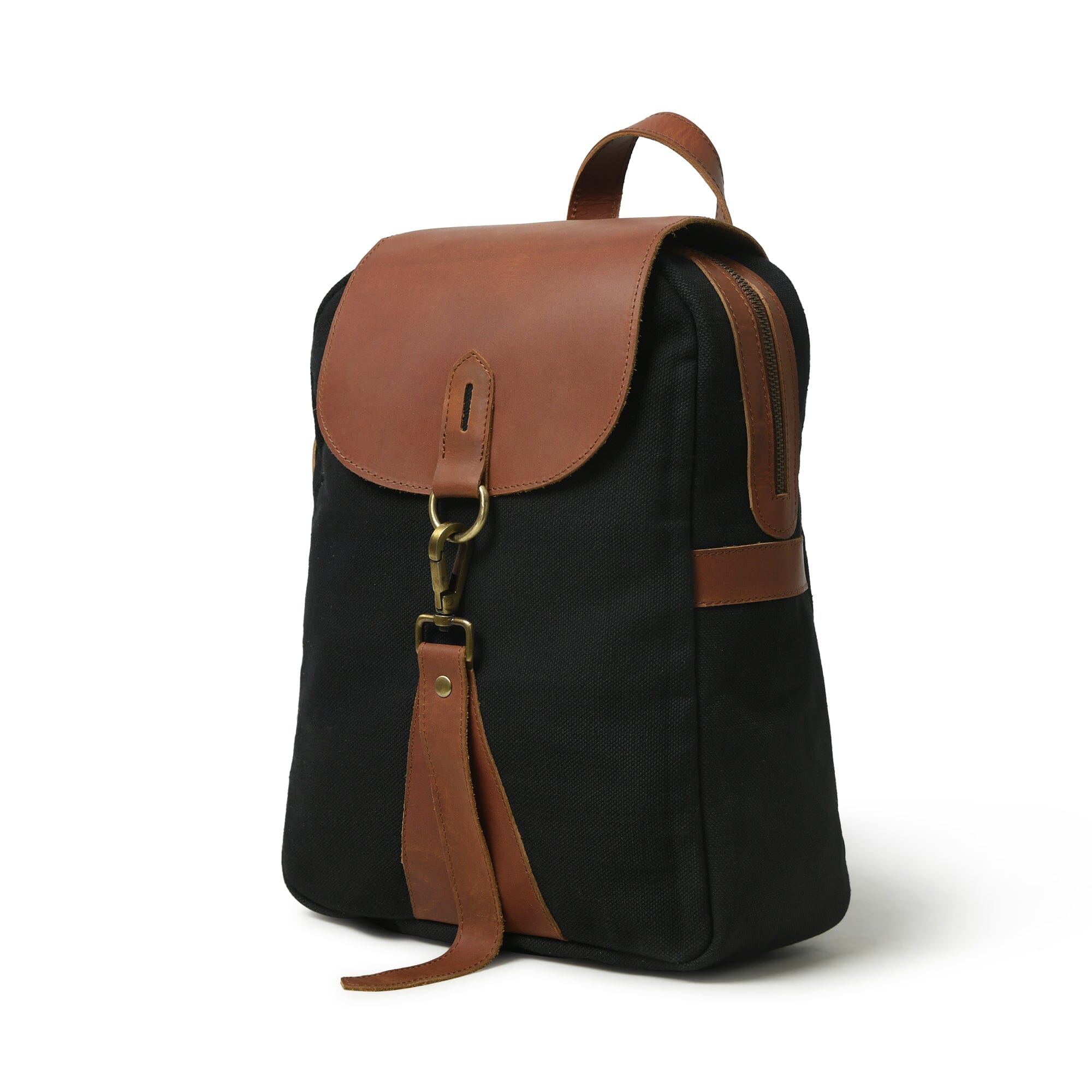 Black backpack with brown leather accents on a white background