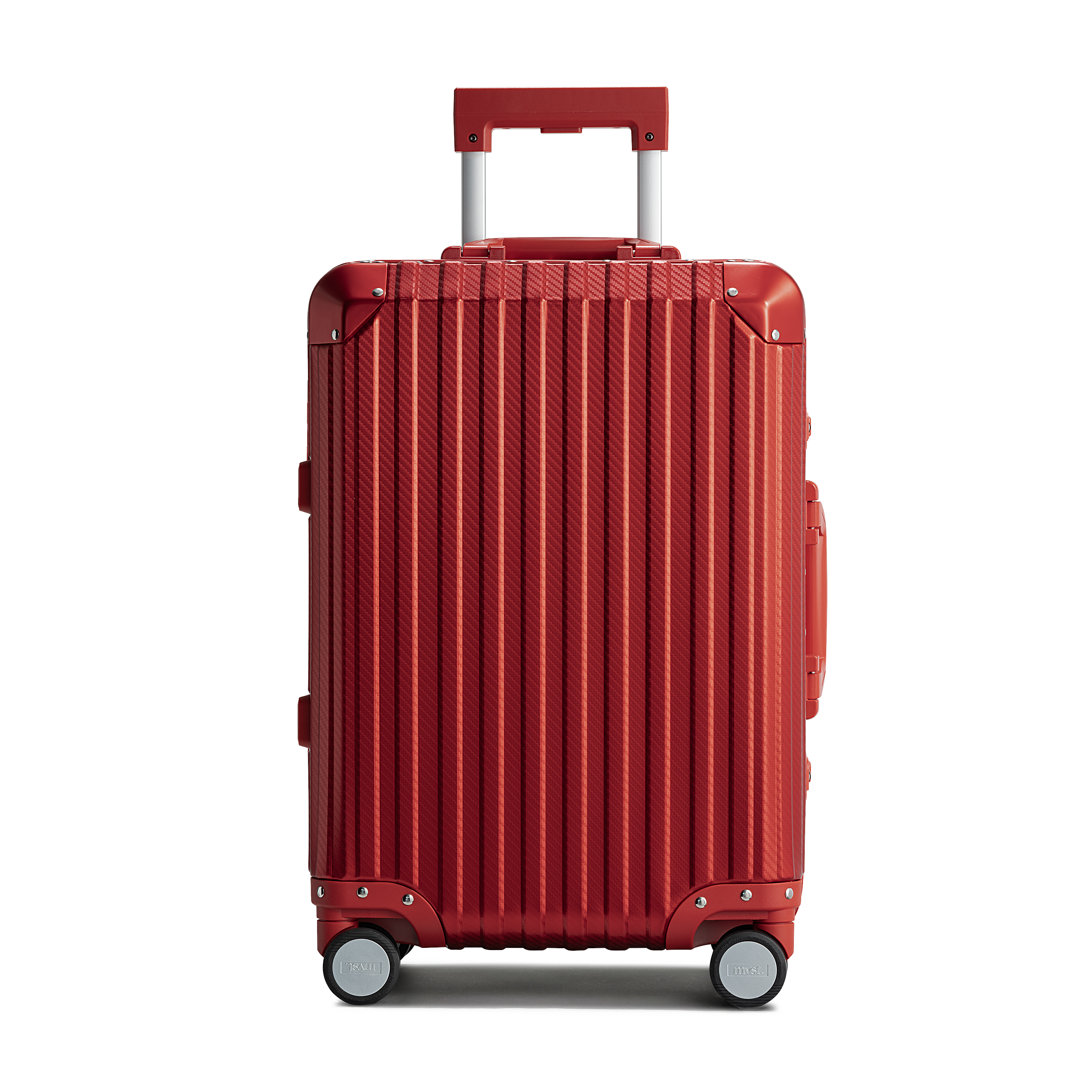 Red suitcase with a textured surface on a white background