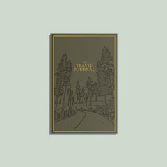 Travel journal with forest design on a light gray background