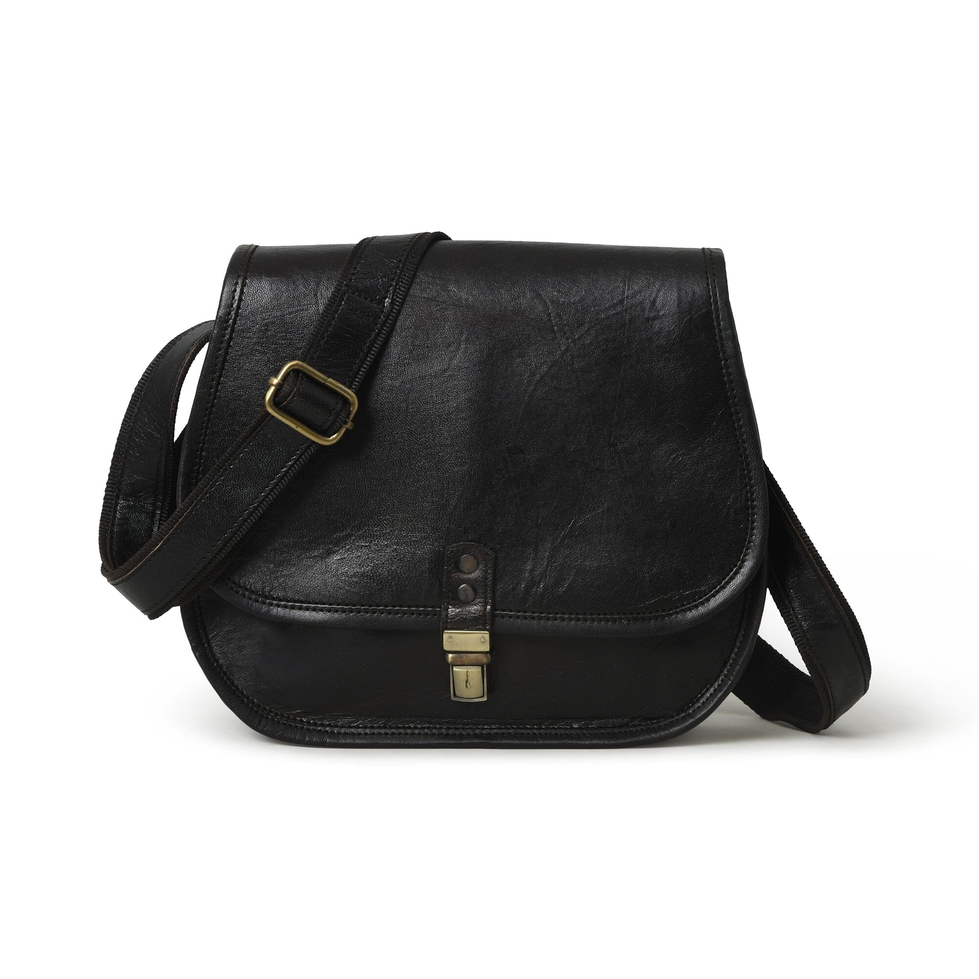 Black leather satchel bag with gold buckles on a white background