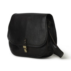 Black leather satchel bag on a white background