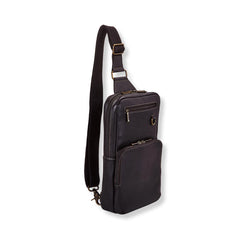 Black leather sling bag on a white background