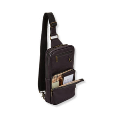 Brown leather sling bag with open front pocket on a white background
