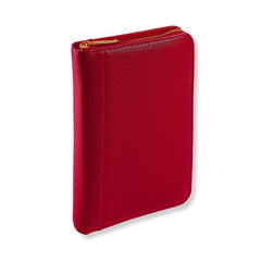 Red leather wallet with gold zipper on a white background