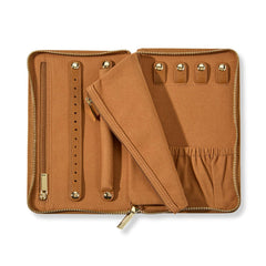 Brown leather wallet with gold zipper and strap on a white background