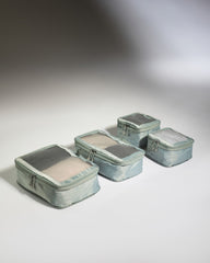 Set of five green travel packing cubes on a gray background