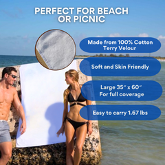 People on a beach with a large white towel, text highlighting towel features.