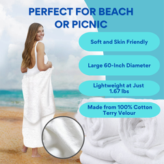 Woman wrapped in a white towel on a beach with product features highlighted.