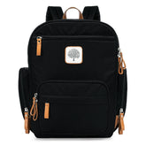 Black backpack with brown accents and a tree logo on a white background