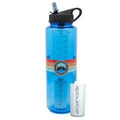 Blue water bottle with black cap and white label on a white background