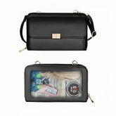 Black crossbody bag with a clear front pocket showing phone and cards on a white background
