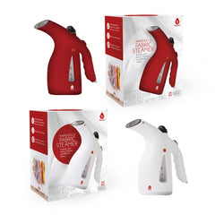 Red and white handheld fabric steamer with packaging on a white background