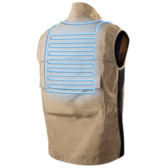 Beige vest with blue electronic grid on the back against a white background