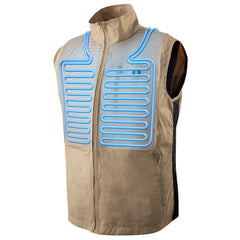 Beige heated vest with blue heating elements on a white background