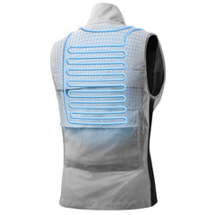 Gray sleeveless jacket with blue grid pattern on the back against a white background