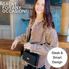 Woman holding a black handbag with text 'Great for any occasion!' and 'Sleek & Smart Design' in a casual setting.