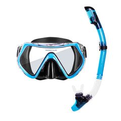 Diving mask and snorkel set with blue and black design on a white background