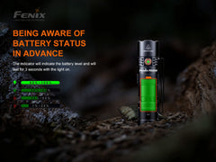 Fenix flashlight with battery status indicator on a dark background