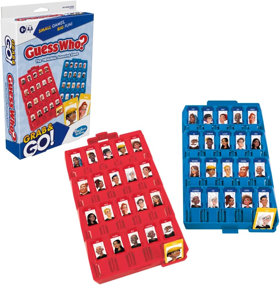Guess Who? game packaging with red and blue boards featuring character cards on a white background