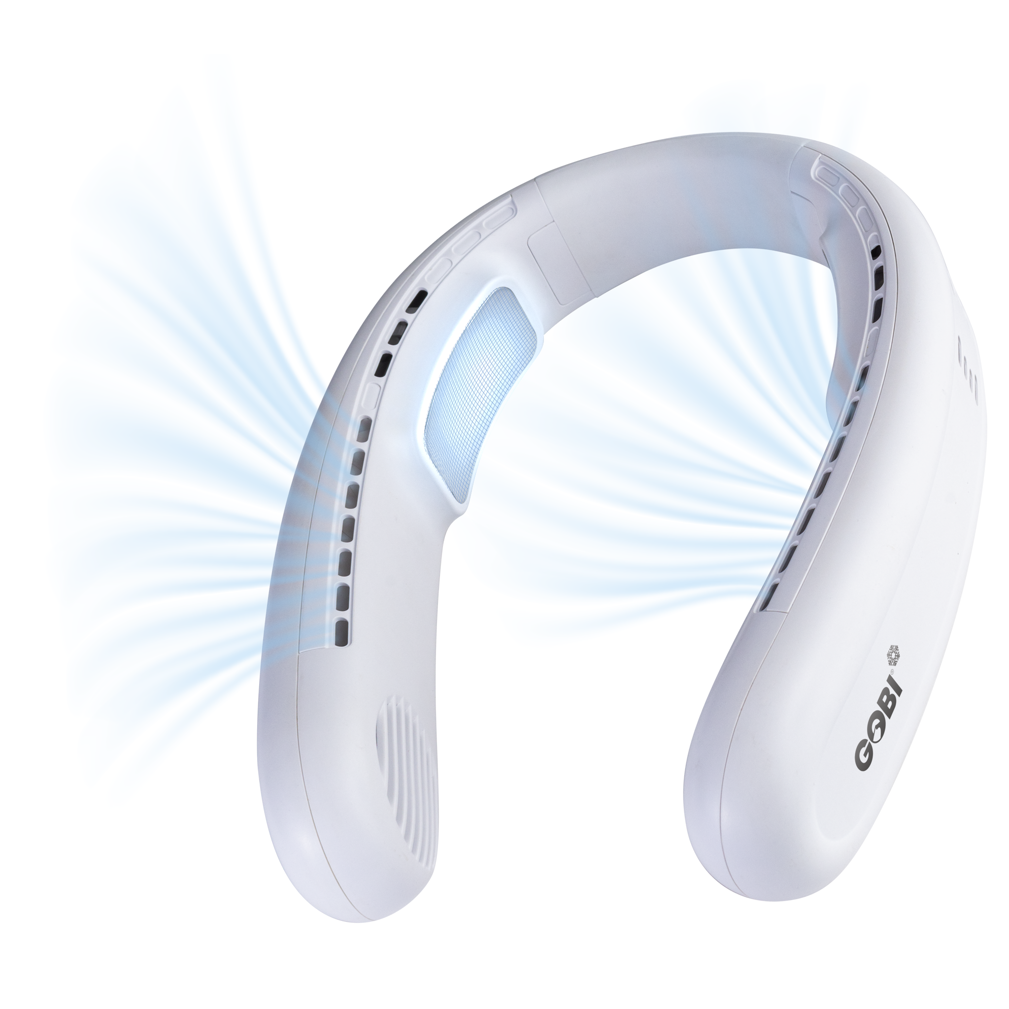 White neck fan with blue light on a white background