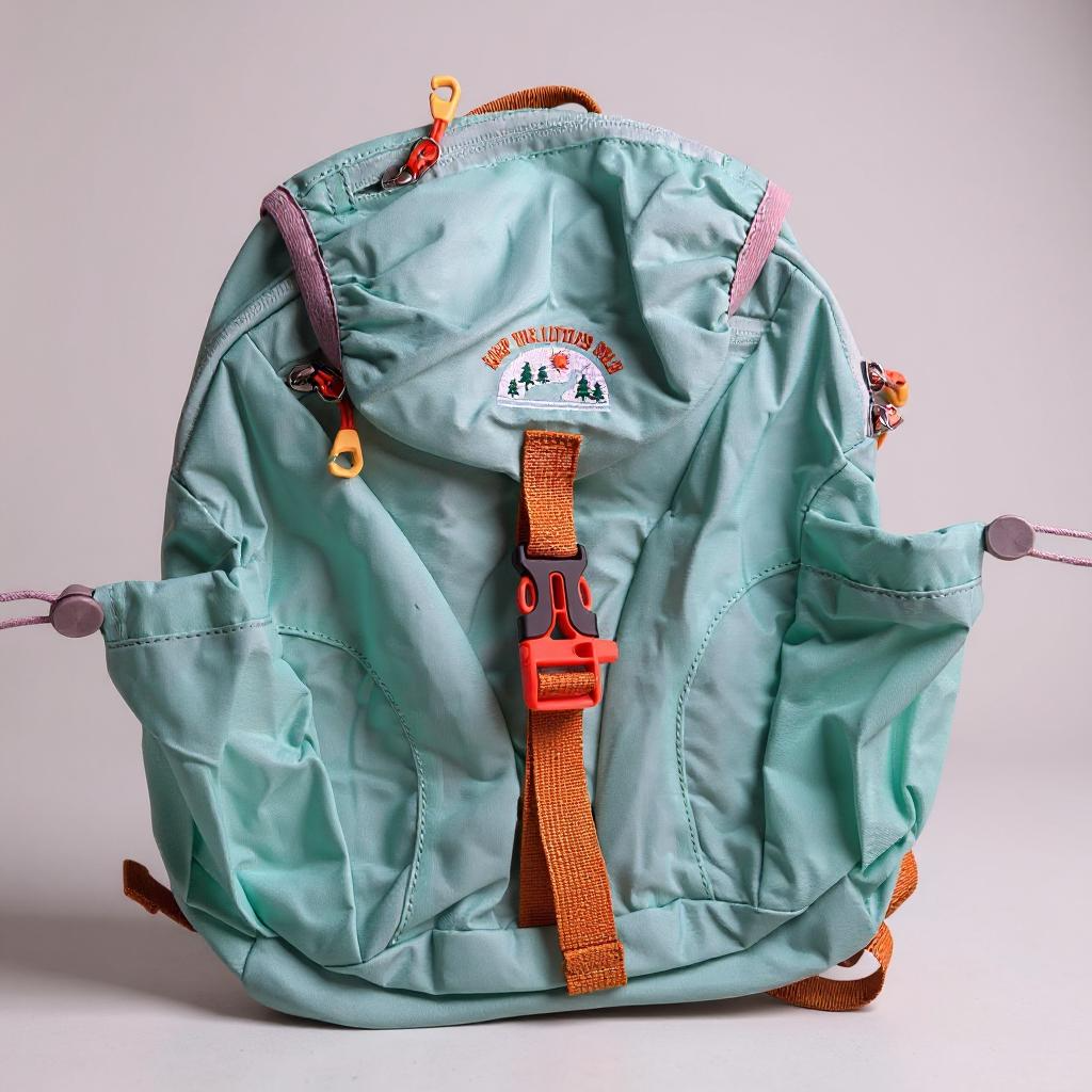 Light blue backpack with orange straps on a light gray background