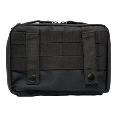 Black tactical pouch with multiple straps on a white background