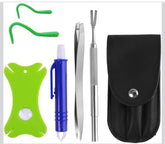 Set of skincare tools including a blue pen, green tool, and black pouch on a white background