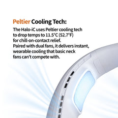 Neck cooling device with Peltier cooling technology text on a white background