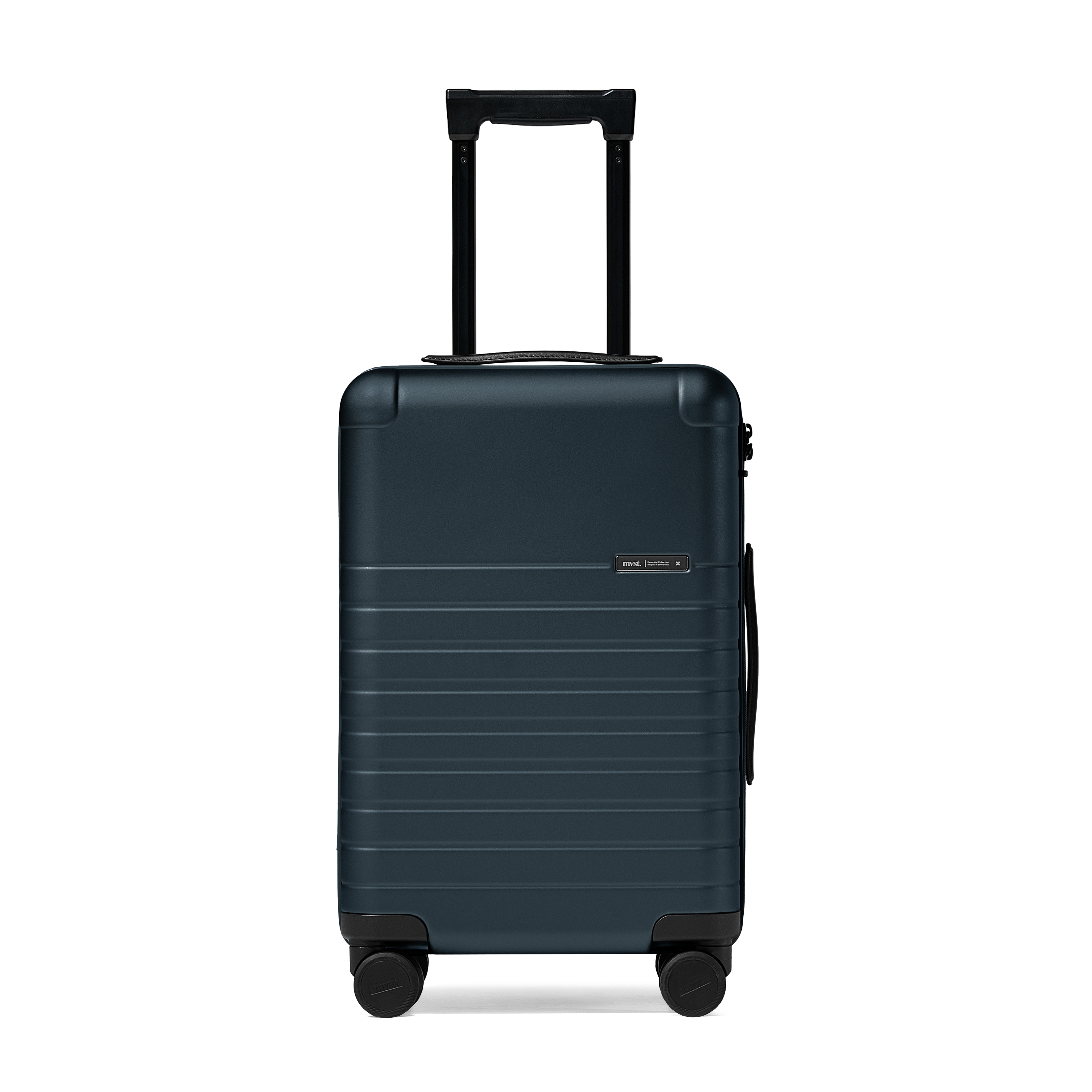 Dark blue suitcase with a visible brand logo on a white background