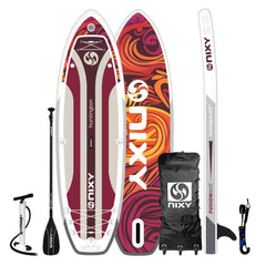 Nixy inflatable stand-up paddleboard with accessories on a white background