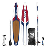NIXY inflatable stand-up paddleboard with accessories on a white background