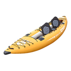 Yellow inflatable kayak with black seats on a white background