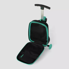 Black and teal suitcase with wheels on a light gray background