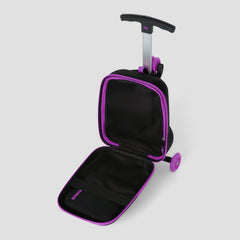 Black and purple suitcase with wheels on a light gray background