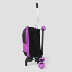 Black and purple suitcase with wheels on a light gray background
