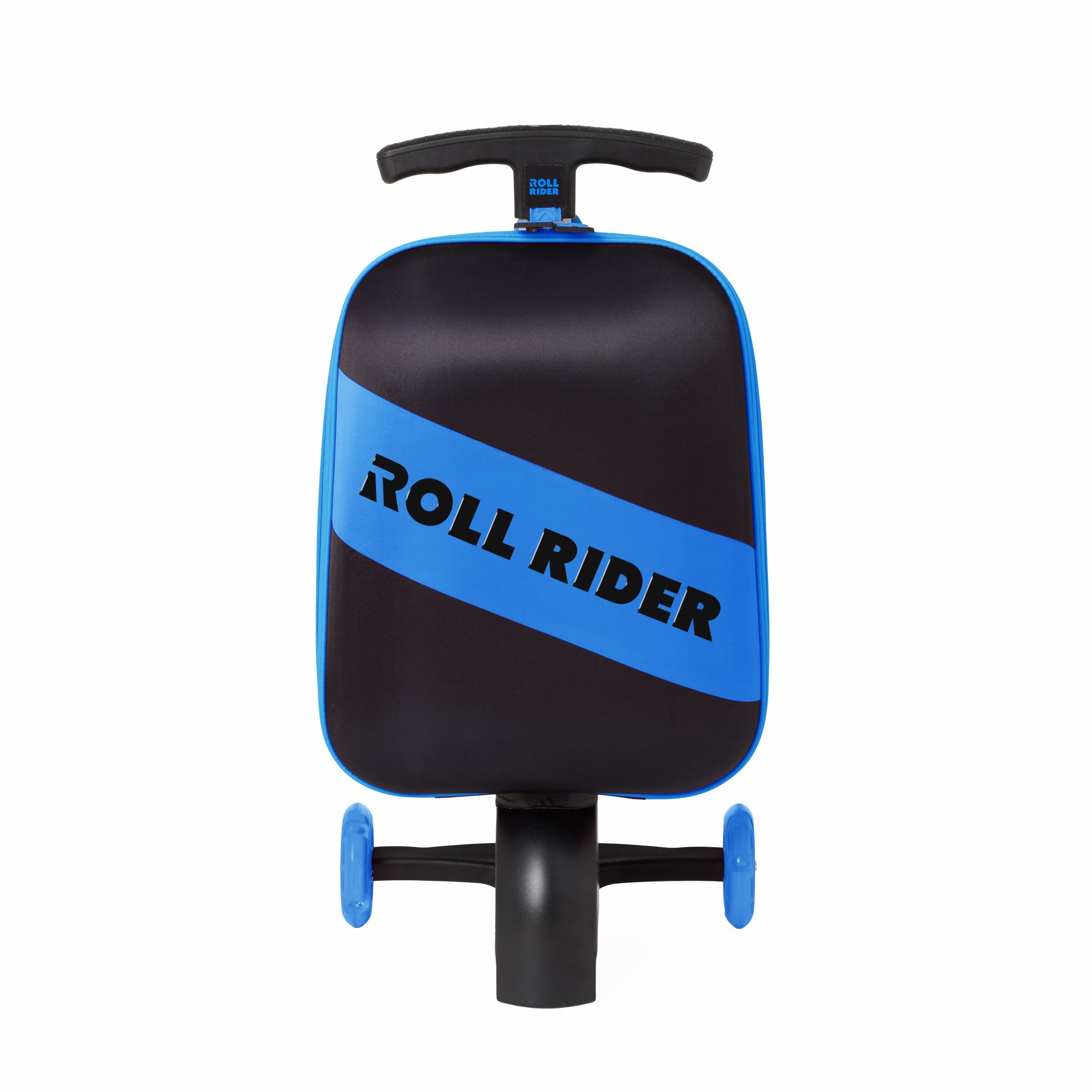 Black and blue Roll Rider toy on a white background